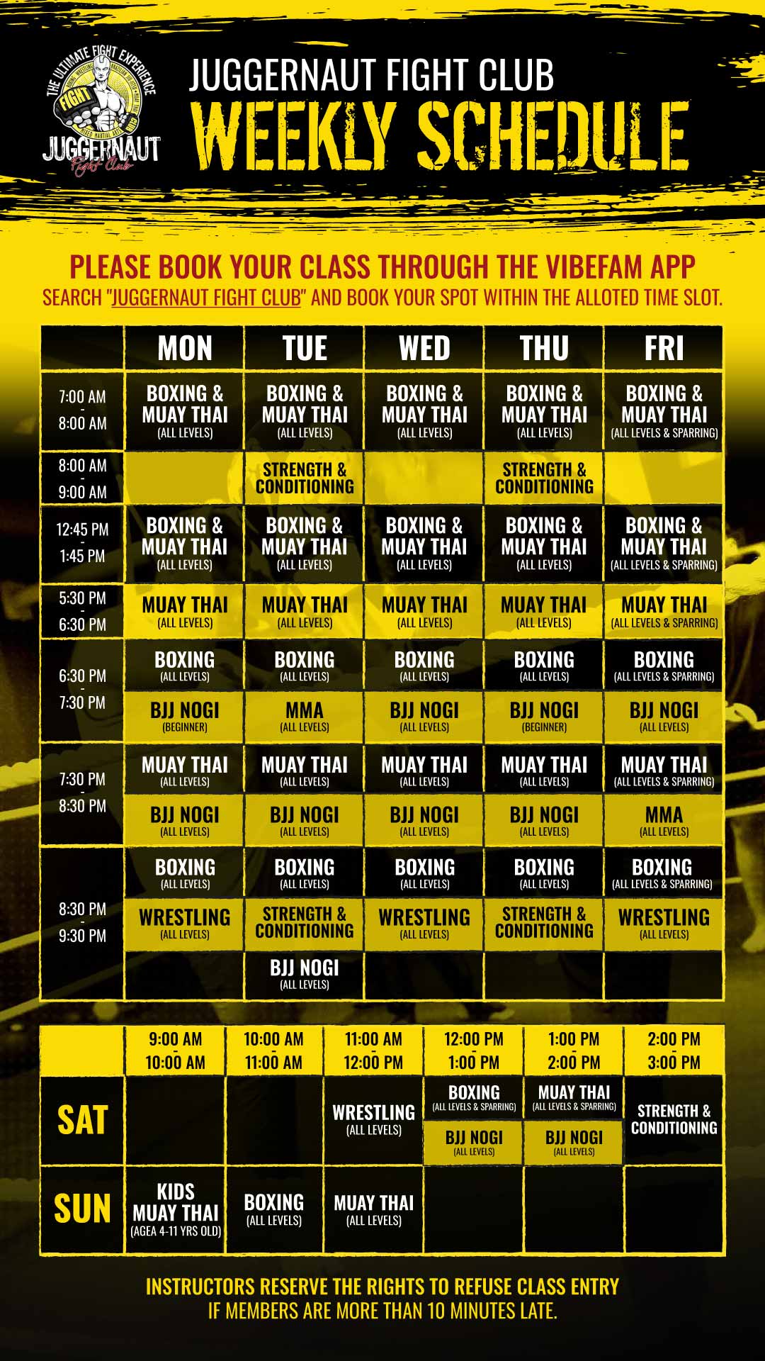 Juggernaut Fight Club Weekly Schedule started from 11 December 2024