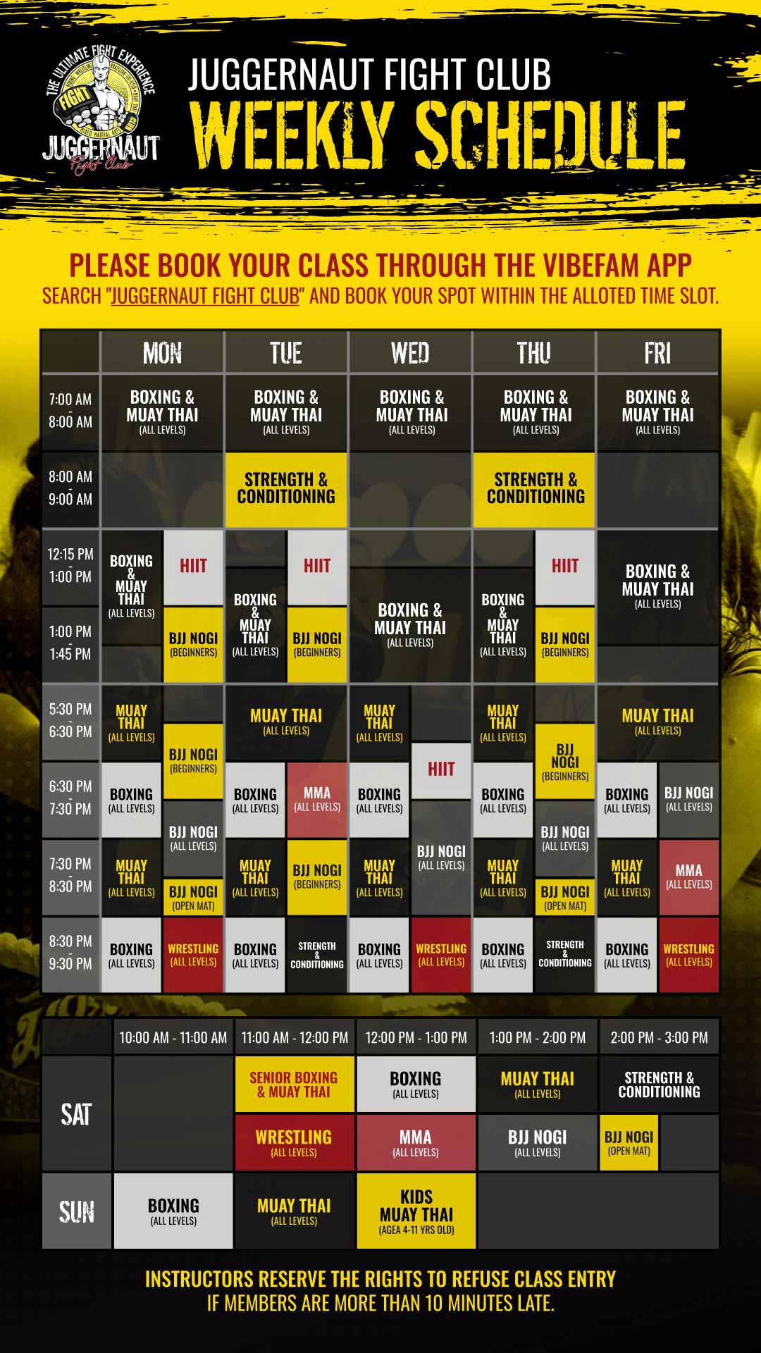 Juggernaut Fight Club Weekly Schedule started from 20 January 2025