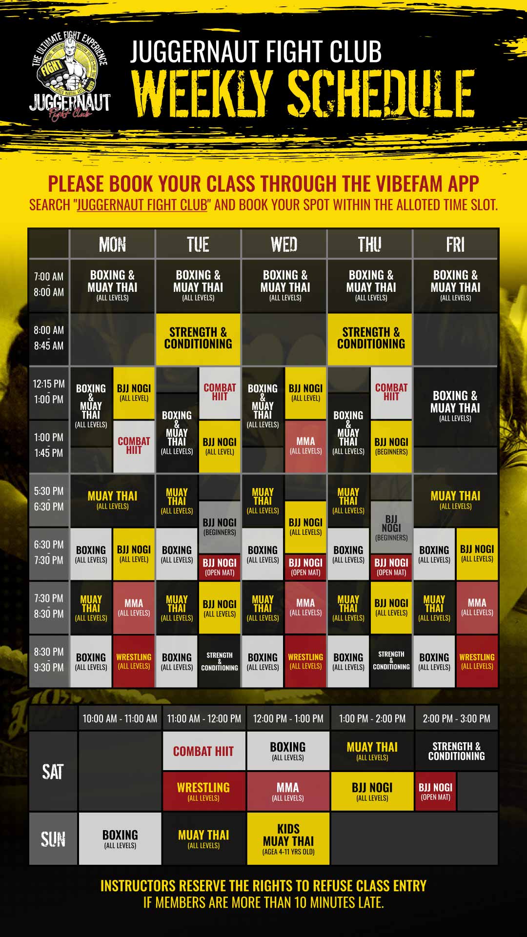 Juggernaut Fight Club Weekly Schedule started from 7 July 2025
